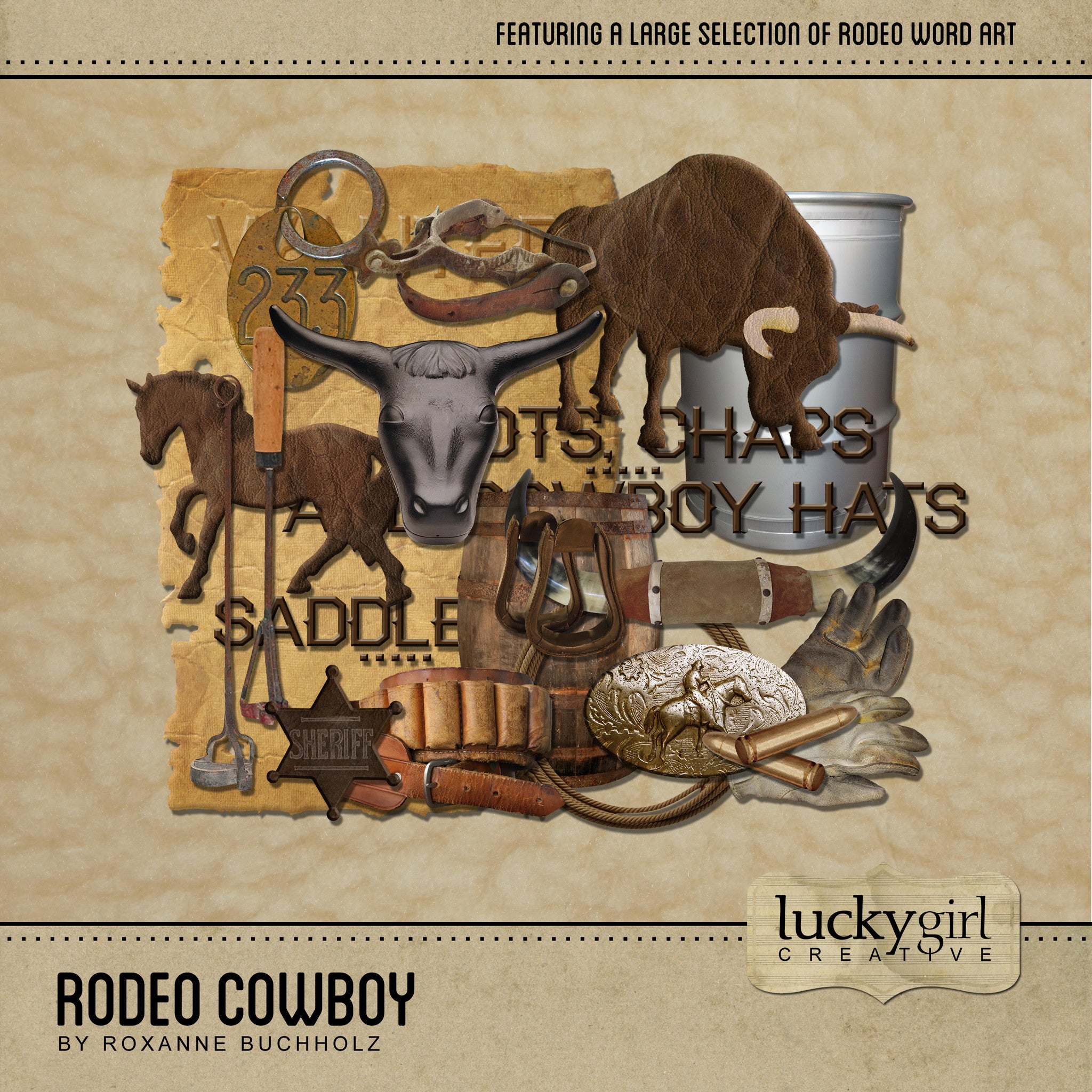 The Rodeo Cowboy Digital Scrapbook Kit by Lucky Girl Creative features an antique color palette of digital art embellishments such as white-washed elements, rustic wood tones, metal pieces and natural leather textures perfect for documenting your Western-themed projects. Included are many western and rodeo elements such as ropes, saddle, wanted poster, stars, gloves, bullets, belts, buckles, barrels, roping practice, and lots of fun word art.