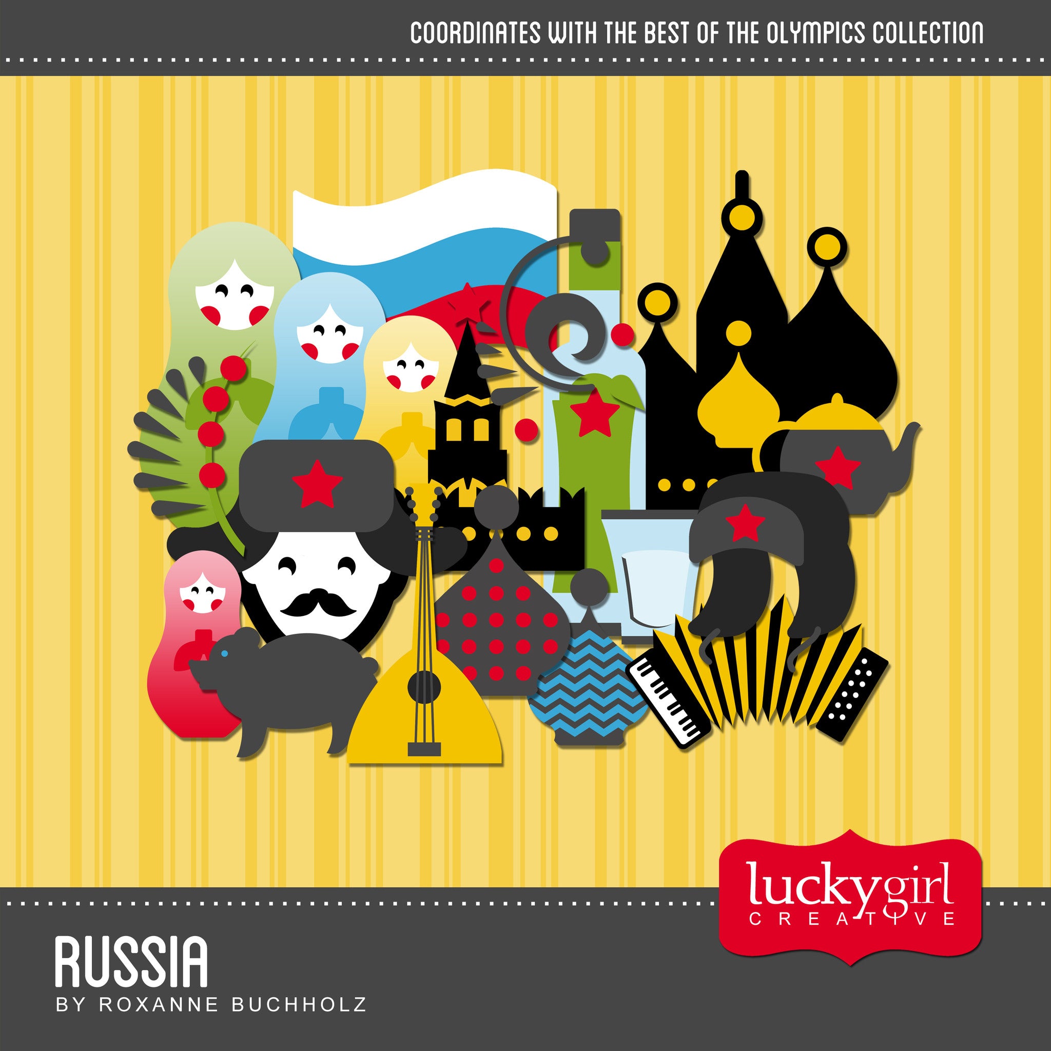 The Russia Digital Scrapbook Kit features the same bright, fun digital art embellishments crafted with a bold graphic look as the Best of the Olympics Digital Scrapbook Kit. With multiple applications for families with children adopted from Russia, those who travel to the area, or those just wishing to extend their paper and element options when using the Best of the Olympics Digital Scrapbook Kit; this pair is a popular set.