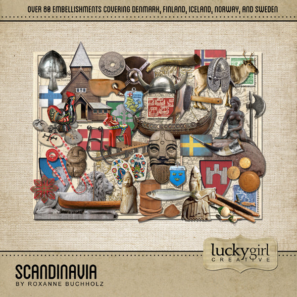 The Scandinavia Digital Scrapbook Kit is a diverse collection of digital art representing Denmark, Finland, Iceland, Norway, and Sweden with a modern vintage flair. If you have been meaning to document your memories from a trip to Europe or are planning a trip there soon, this collection is just what you need!