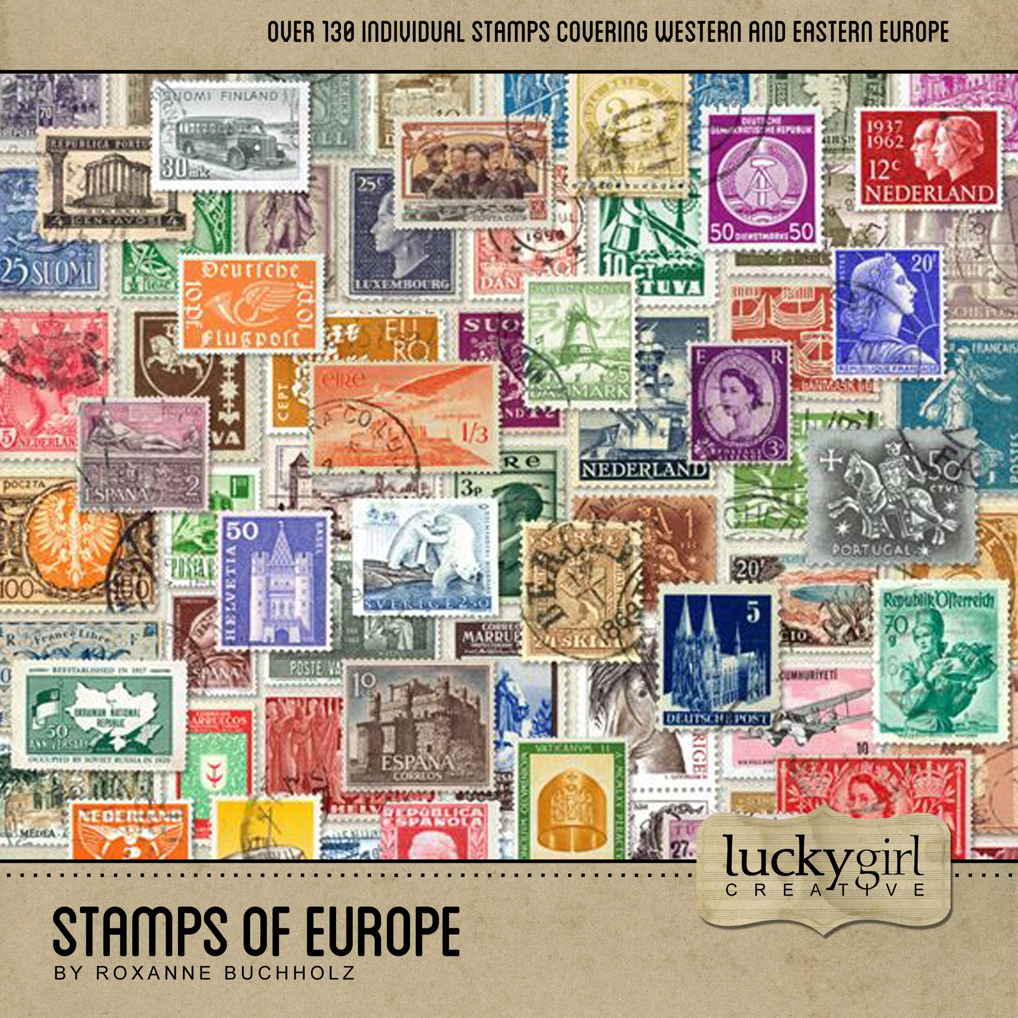 Stamps of Europe is a great digital scrapbooking kit for adding that extra special touch to all your scrapbooking layouts. Countries in Europe that are included in the digital art collection are: Austria, Denmark, Germany, Finland, France, Ireland, Lithuania, Luxembourg, Netherlands, Norway, Poland, Portugal, Romania, Soviet Union, Spain, Sweden, Switzerland, Turkey, Ukraine, United Kingdom, the Vatican, West Germany, and Yugoslavia.