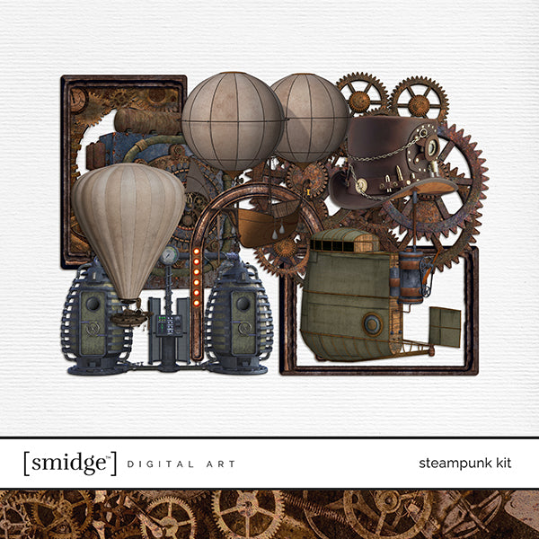 Travel through a retro-futuristic subgenre of science fiction with this industrial-inspired Steampunk Kit filled with a perfect smidge of digital art elements. This kit is perfect for documenting punk rock, cosplay or steampunk conventions, or anyone who loves building gadgets and steampunk contraptions.