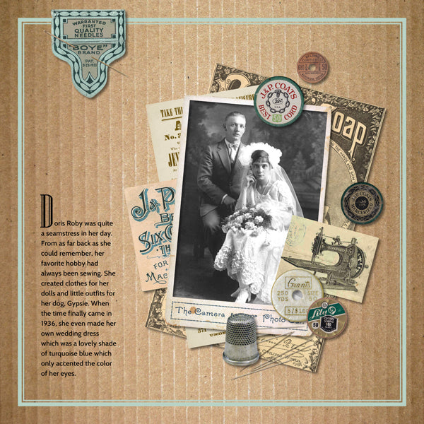 The Stitches in Time Digital Scrapbook Kit features many vintage newspaper advertisements, sewing needles, spools of thread, and antique frames. This digital art collection is perfect for family keepsake albums and genealogy research as it captures the times of the 1920’s - 1940’s and is neutral in its color palette with accents of turquoise and gold.