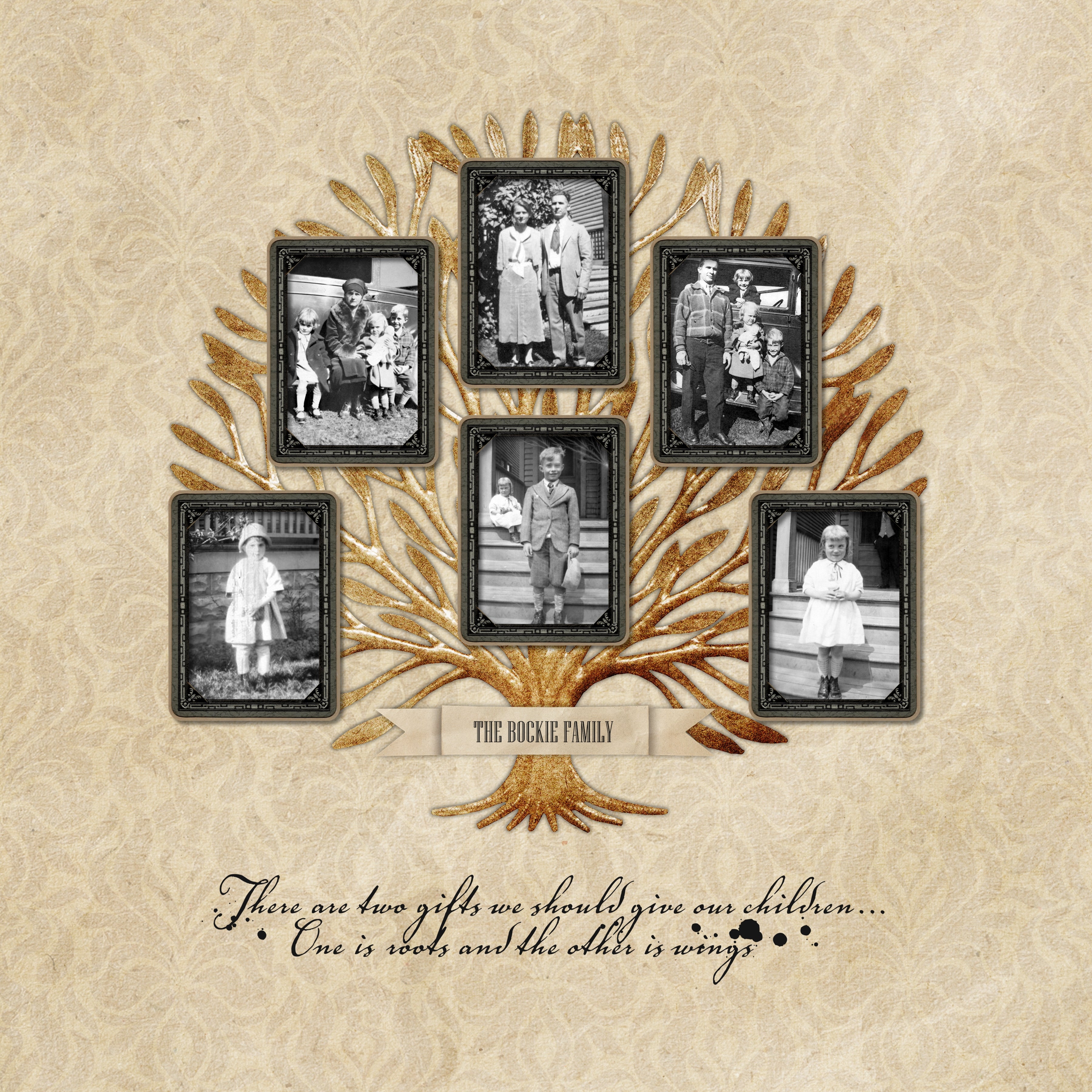 Build your own custom, HORIZONTAL family tree with all the bits and pieces you'll need to complete your genealogy with this Vintage Memories Family Tree 1 Digital Scrapbook Kit. Included in the digital art kit are plain labels, connector pieces, word art, and groupings of family tags (groups of 2, 3, 4, and 5) that have already been spaced evenly for you. With this kit you'll be able to add more branches and customize to fit your unique family structure.