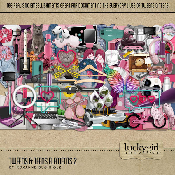 The Tweens & Teens Elements 2 by Lucky Girl Creative is filled with everything you'll need to document your children or grandchildren as they go through the different stages in life. Whether you have a young boy or girl, this slightly feminine collection is designed to mix and match with ease.