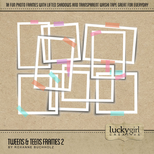 The Tweens & Teens Frames 2 by Lucky Girl Creative is designed with a bright pastel color palette with white frames and transparent washi tape. Whether you have a young boy or girl, this collection of teal, purple, orange, pink, and white is designed to mix and match with ease.