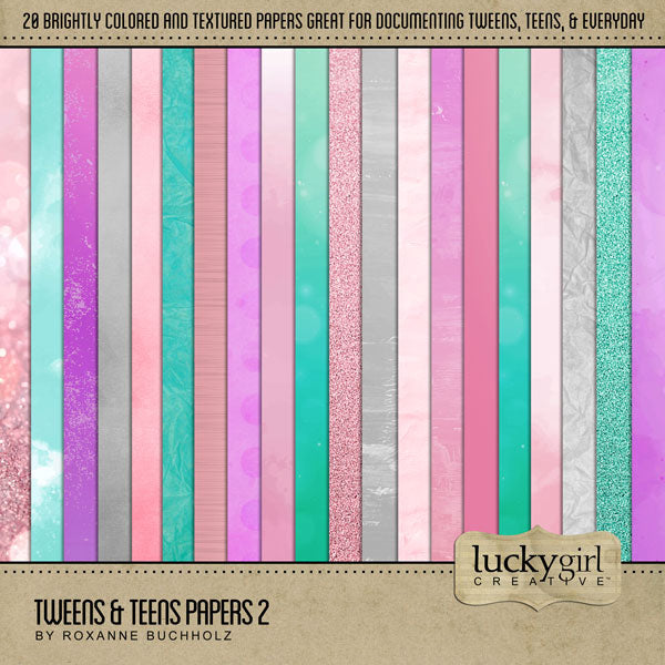 The Tweens & Teens Papers 2 is designed with a bright pastel color palette of grunge papers with a slightly feminine feel. Whether you have a young boy or girl, this collection of teal, pink, purple, and gray is designed to mix and match with ease. Textures include grunge, cloud, bokeh, glitter, watercolor, and foil. 