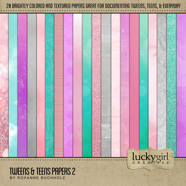 The Tweens & Teens Papers 2 by Lucky Girl Creative is designed with a bright pastel color palette of grunge papers with a slightly feminine feel. Whether you have a young boy or girl, this collection of teal, pink, purple, and gray is designed to mix and match with ease. Textures include grunge, cloud, bokeh, glitter, watercolor, and foil.