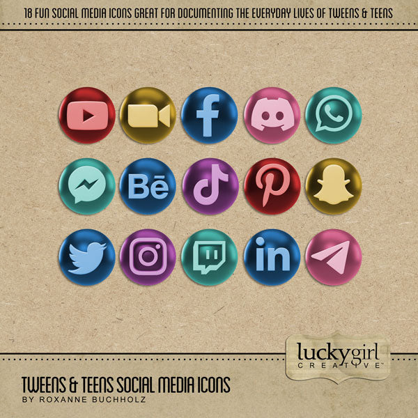 The Tweens & Teens Social Media Icons by Lucky Girl Creative is designed with a bright color palette and will add a fun element to your pages. Social media platforms include Behance, Facebook, Instagram, Gamer Discord, LinkedIn, Messenger, Pinterest, Snapchat, Telegram or Email, TikTok, Twitch Talk, Twitter, What's App, YouTube, and Zoom Video Chat.