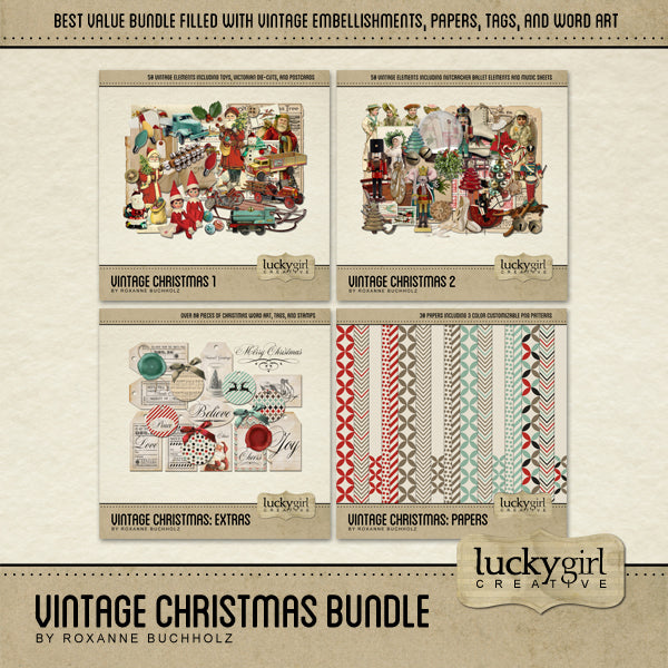 Bring on the holiday cheer this season with this Vintage Christmas Digital Scrapbook Bundle! Filled with charming old-fashioned digital art tin toys, Santa Claus and Victorian die-cuts, antique sled, vintage advertisements, old light bulbs, sprigs of holly, craft-wrapped presents, Santa Claus list, little elves, and more.