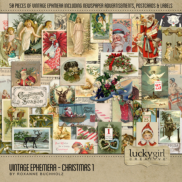 These vintage Christmas pieces of ephemera from the early 1900's will help you add character and warmth to your family genealogy projects. Collection includes 50 antique digital art embellishments including newspaper advertisements, antique postcards, and vintage labels featuring angels, Santa Claus, New Year, deer, reindeer, baby Jesus, manger, mistletoe, dogs, music sheets, evergreen, pine, holly, and more.