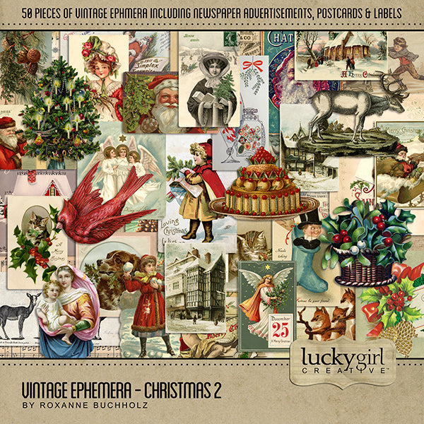 These vintage Christmas pieces of ephemera from the early 1900's will help you add character and warmth to your family genealogy projects. Collection includes 50 antique digital art embellishments including newspaper advertisements, antique postcards, and vintage labels featuring angels, Santa Claus, holiday candy, deer, reindeer, baby Jesus and Mary, fox, mistletoe, dogs, music sheets, evergreen, pine, holly, Christmas tree, cardinal, winter, village, and more.
