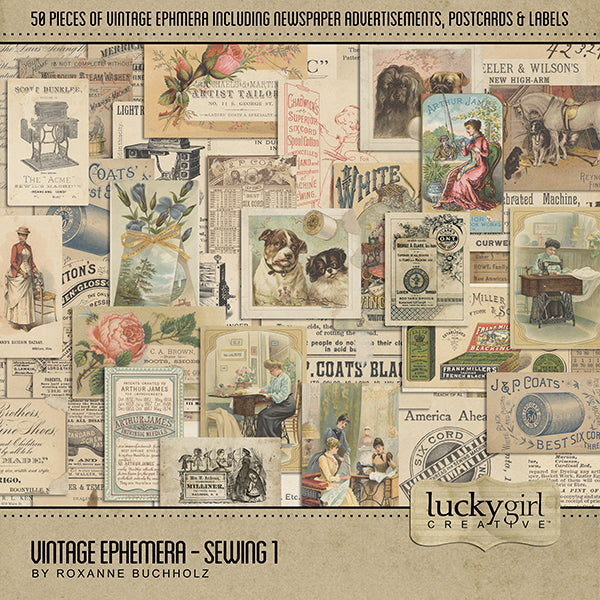 These vintage and sewing pieces of ephemera from the early 1900's will help you add character and warmth to your family genealogy projects. Collection includes 50 antique digital art embellishments including newspaper advertisements, antique postcards, and vintage labels featuring sewing machines, thread, fashion, clothiers, shoes, dyes, and more.