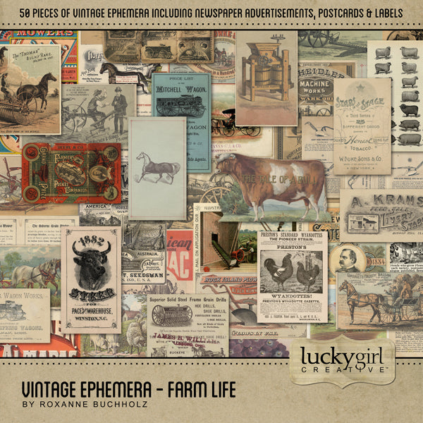 These vintage farm pieces of ephemera will help you add character and warmth to your family genealogy projects and more. Collection includes 50 antique digital art embellishments including newspaper advertisements, postcards, and labels featuring farm animals, carriages, plows, tractors, almanacs, chickens, fields, sheep, horses, bulls, farm equipment, homesteads, and more.
