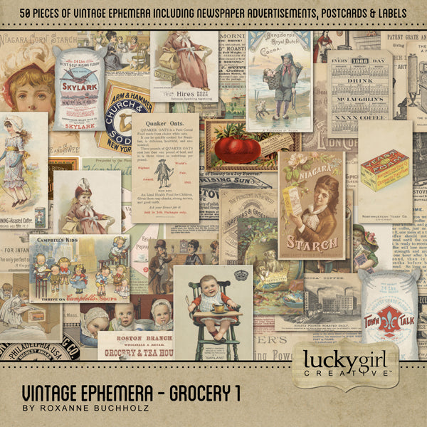 These vintage grocery store pieces of ephemera from the early 1900's will help you add character and warmth to your family genealogy projects. Collection includes 50 antique digital art embellishments including general store newspaper advertisements, antique postcards, and labels featuring baby food, flour, shredded wheat cereal, condensed milk, stove polish, coffee, yeast, corn starch, cocoa, soup, baking powder, beer, tea, root beer, and more.