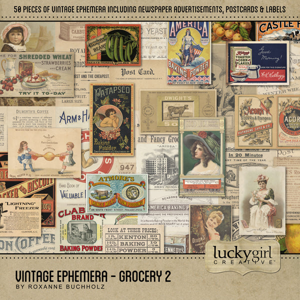 These vintage grocery store pieces of ephemera from the early 1900's will help you add character and warmth to your family genealogy projects. Collection includes 50 antique digital art embellishments including general store newspaper advertisements, antique postcards, and labels featuring flour, breakfast cereal, stove polish, coffee, corn starch, crackers and biscuits, yeast cakes, prunes, spices, rolled oats, mince meat, candy, cocoa, vegetables, fruit, cigars, soup, baking powder, tea, and more.