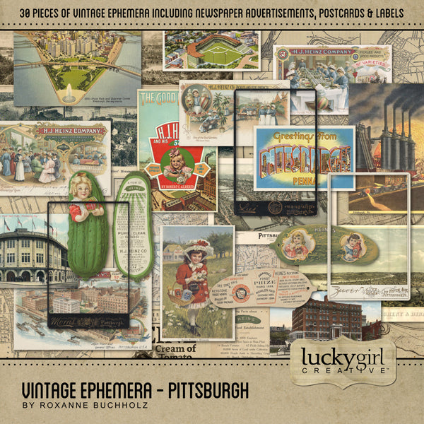 These vintage newspaper advertisement pieces of ephemera from Pittsburgh, Pennsylvania the early 1900's will help you add character and warmth to your family genealogy projects. Collection includes 30 antique embellishments including general store newspaper advertisements, antique postcards, frames, maps, and labels featuring the city of Pittsburgh, Pennsylvania, Heinz, Soldiers' Monument, pickles, Allegheny, Birmingham, Point Park, Gateway Center, Forbes Field, Allegheny General Hospital, and more!