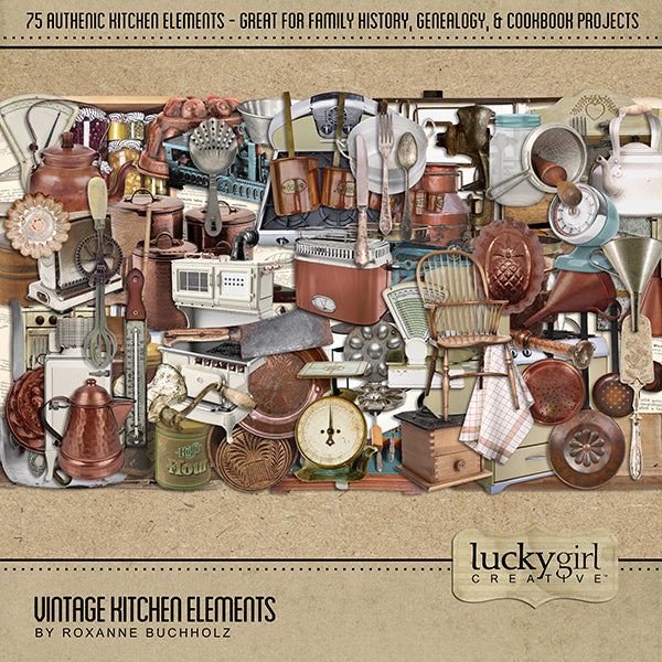 This Vintage Kitchen digital art kit by Lucky Girl Creative is full of vintage kitchen embellishments and papers. Made with love, this vintage kitchen kit is perfect for recalling favorite family recipes handed down from generation to generation.