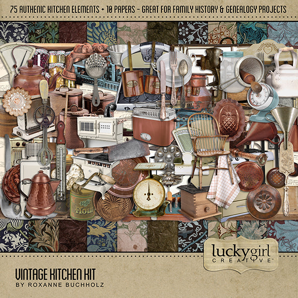This Vintage Kitchen digital art kit by Lucky Girl Creative is full of vintage kitchen embellishments and papers. Made with love, this vintage kitchen kit is perfect for recalling favorite family recipes handed down from generation to generation.