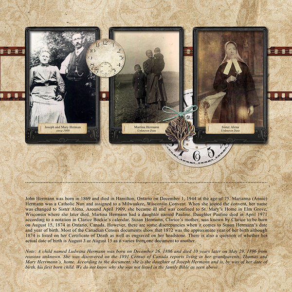 The Vintage Memories Digital Scrapbook Bundle 4 includes authentic, hanging bowed glass picture frames, vintage photo mats, and antique clock and watch faces which are the perfect way to accent your vintage family history and genealogy projects.