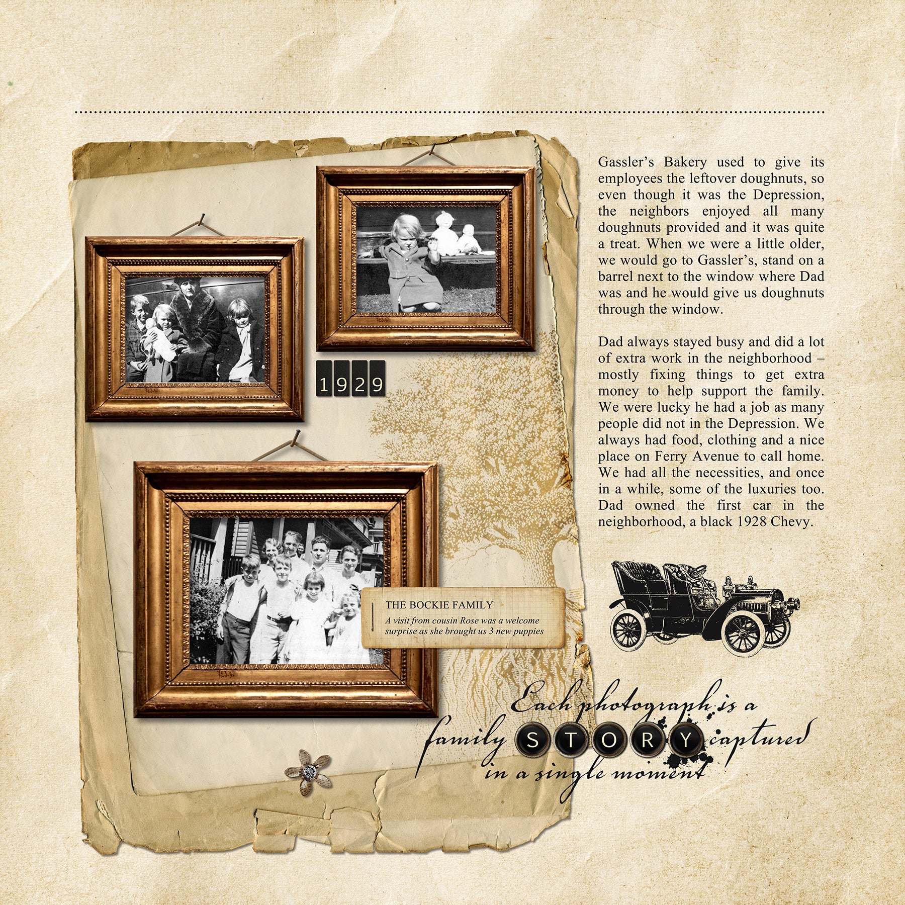 The Vintage Memories Digital Scrapbook Bundle 4 includes authentic, hanging bowed glass picture frames, vintage photo mats, and antique clock and watch faces which are the perfect way to accent your vintage family history and genealogy projects.