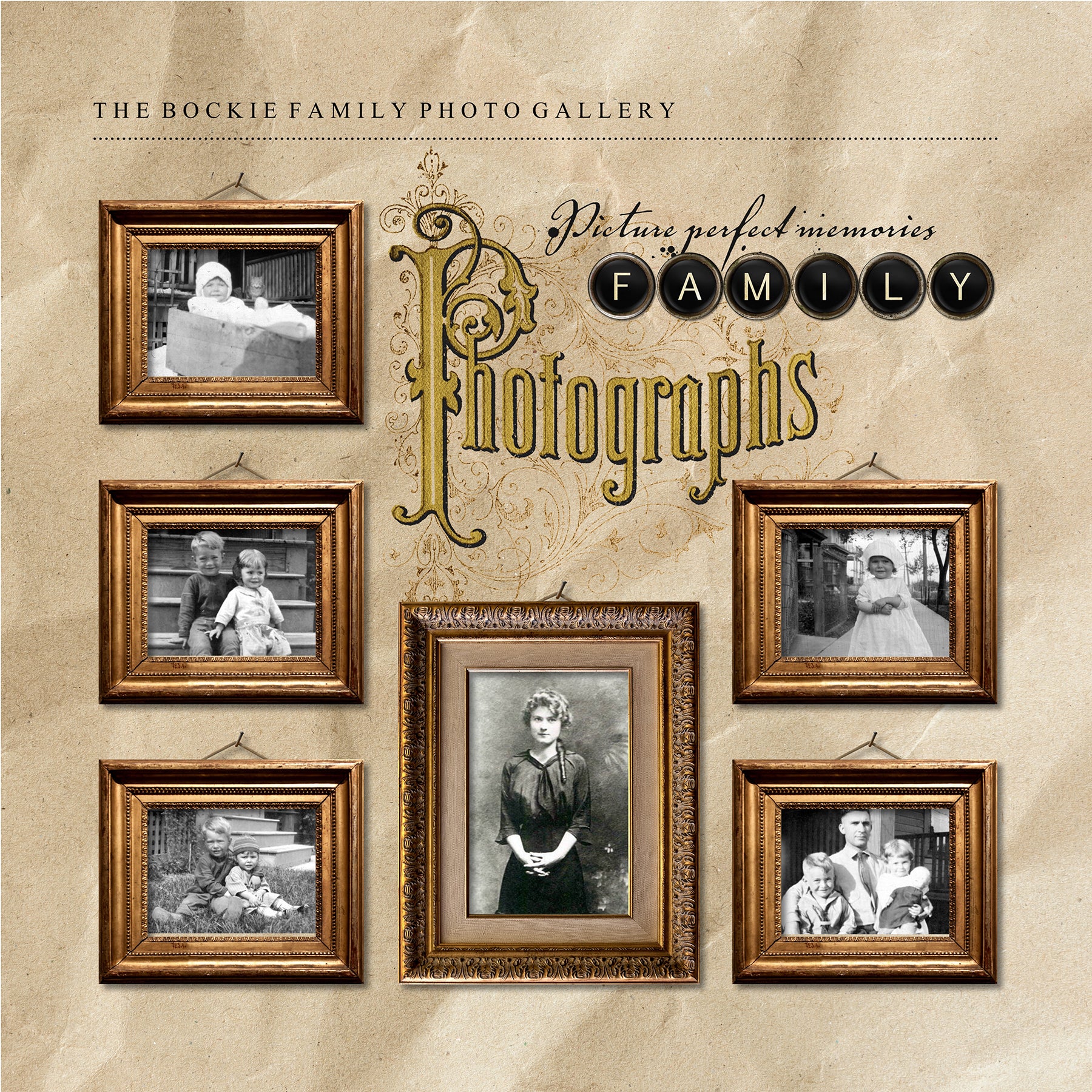 The Vintage Memories Digital Scrapbook Bundle 4 includes authentic, hanging bowed glass picture frames, vintage photo mats, and antique clock and watch faces which are the perfect way to accent your vintage family history and genealogy projects.