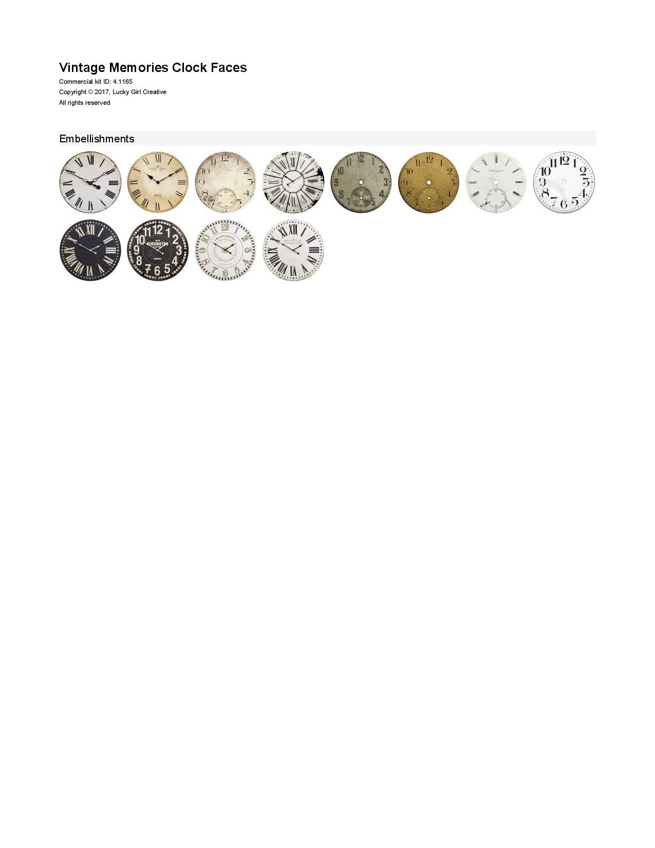 The Vintage Memories Clock Faces Digital Scrapbook Kit includes antique watch and clock faces which are the perfect way to accent your vintage family history and genealogy projects. Look to the Vintage Memories digital art collection for all coordinating kits.