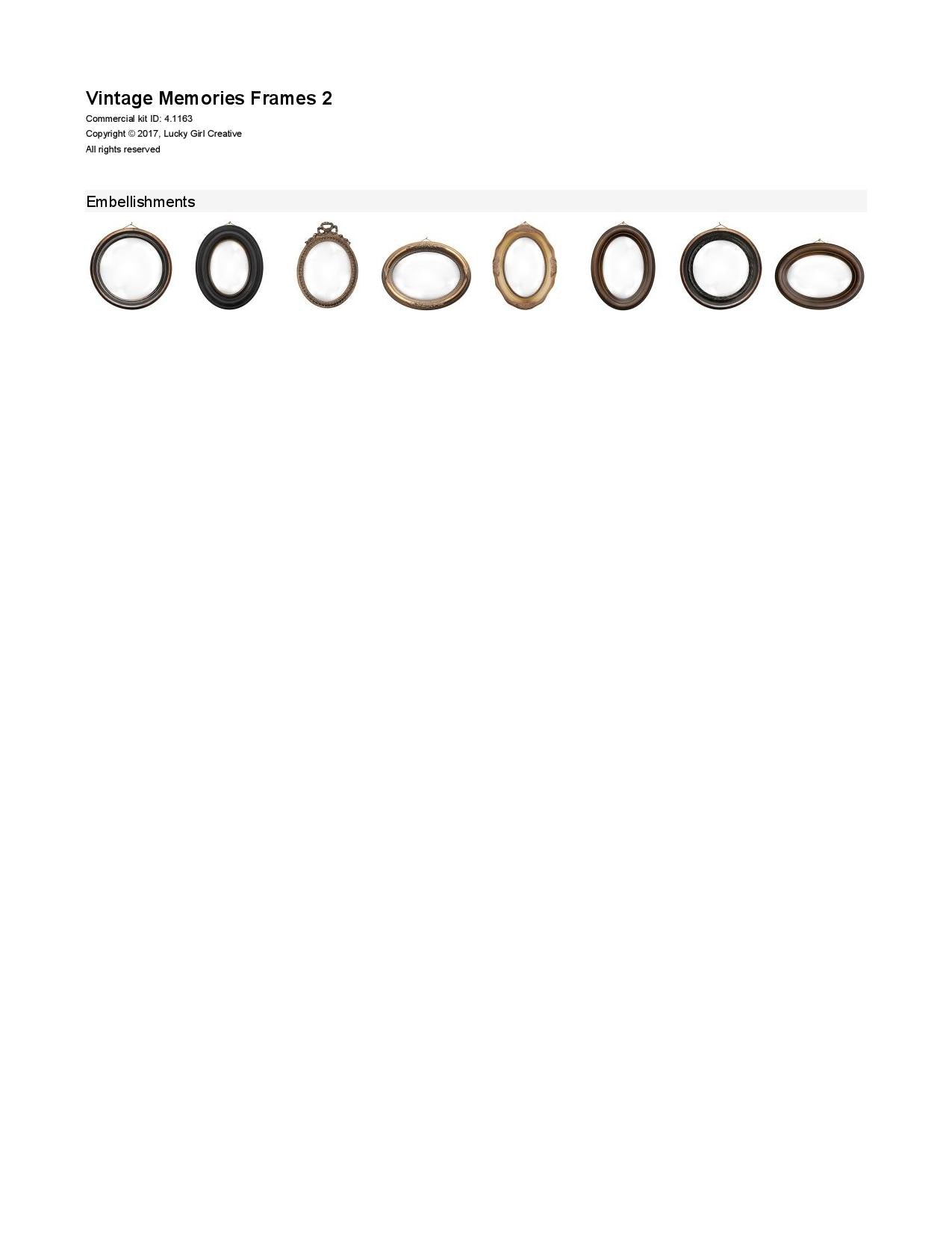 The Vintage Memories Frames 2 Digital Scrapbook Kit includes hanging, bowed glass digital art frames which are the perfect way to accent your vintage family history and genealogy projects. Wouldn't these frames look great as a family photo gallery page?! For additional embellishments, frames, and papers, look to the Vintage Memories collection for all coordinating kits.