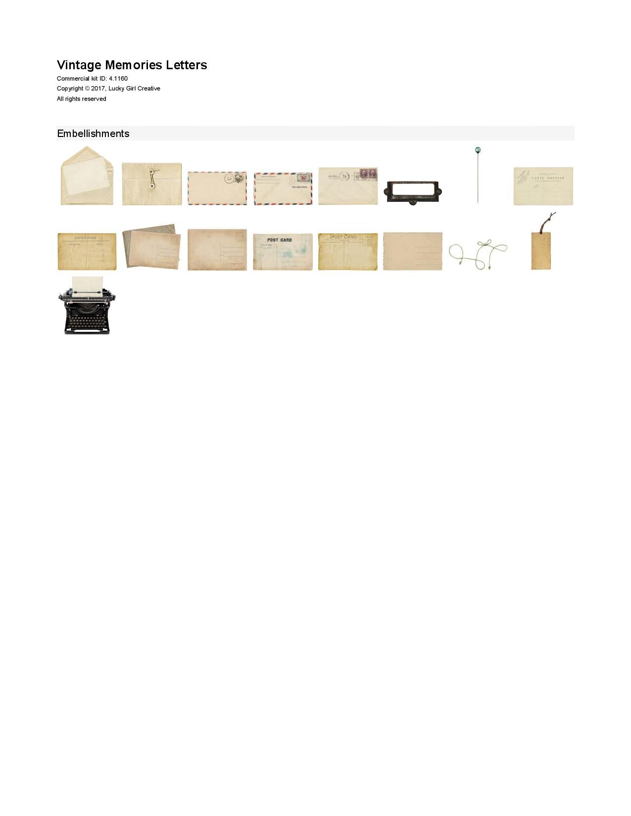 The Vintage Memories Letters Digital Scrapbook Kit includes vintage envelopes, papers, and antique postcards are the perfect way to accent your vintage family history and genealogy projects. Neutral in its color palette, these digital art pieces including an antique typewriter, will add depth and warmth to your project. Look to the Vintage Memories collection for all coordinating kits.