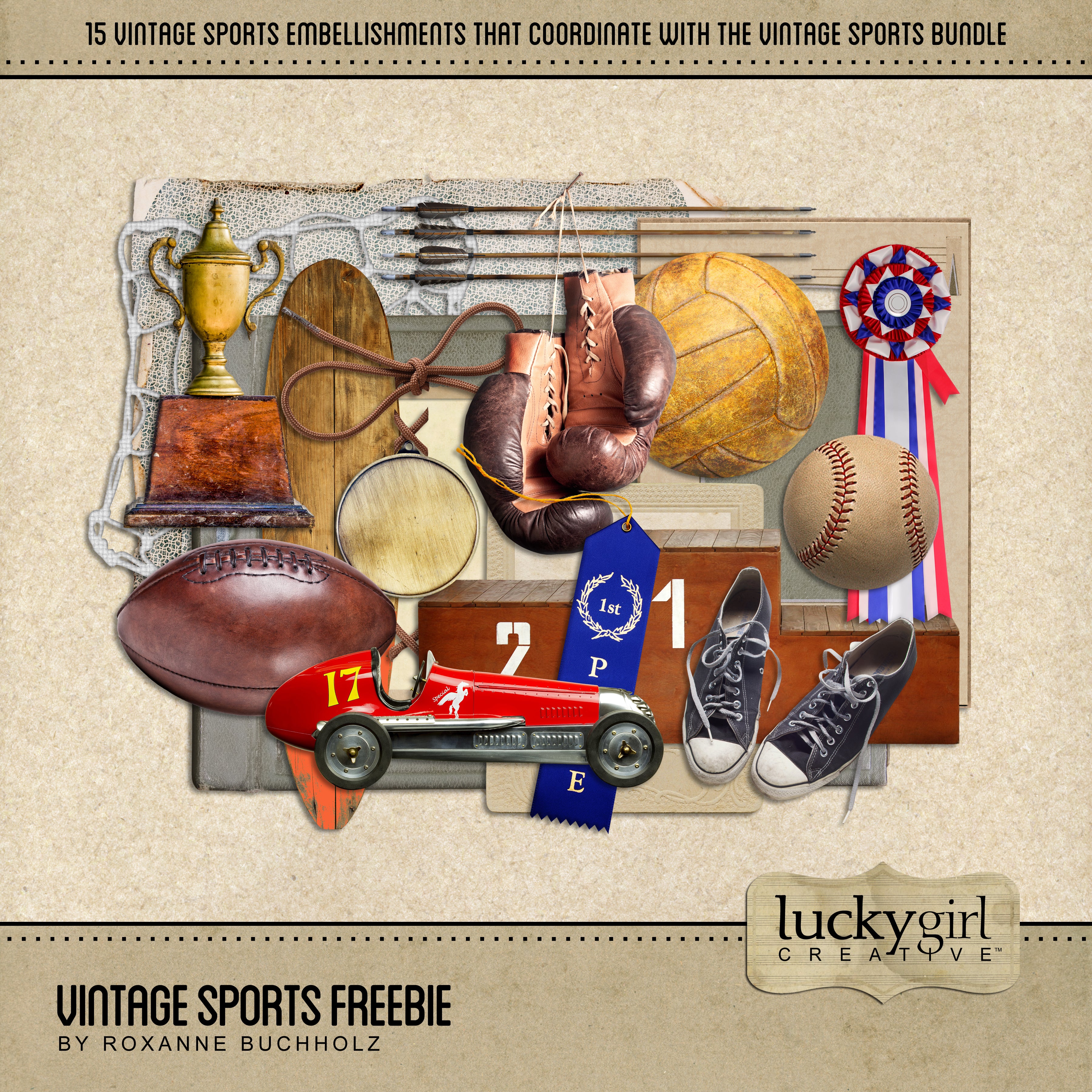This free Vintage Sports Digital Scrapbook Freebie by Lucky Girl Creative is the perfect way to accent your family history, genealogy projects, and sport pages. Features football, race car, first place blue ribbon, sneakers, surf board, trophy, boxing gloves, archery arrows, baseball, shoe laces, net, antique scrapbook, volleyball, and awards podium.