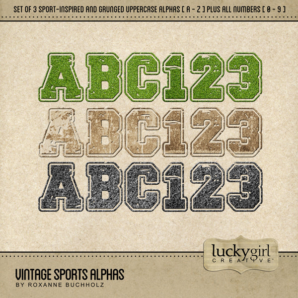 These 3 vintage, grunge digital scrapbooking alpha sets are the perfect way to accent your family sports history and genealogy projects. Include all Uppercase letters (A - Z) and all Numbers (0 - 9) which are supplied as digital art embellishments only.