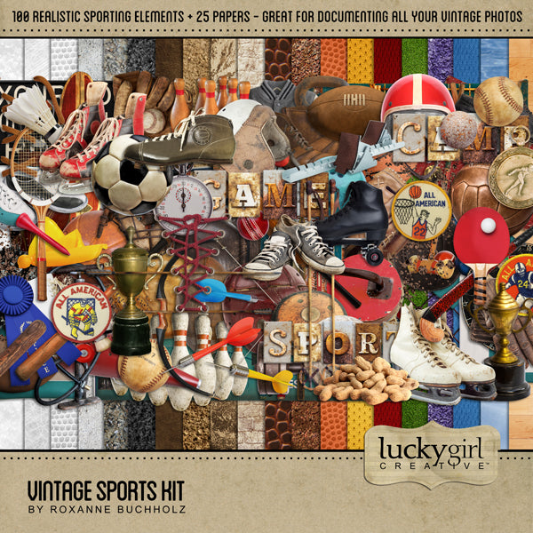 This vintage sports digital scrapbook kit by Lucky Girl Creative is the perfect way to accent your family sports history and genealogy projects. Great for sports fans or athletes recalling memories from days gone by and things remembered from their glory days. Neutral in its color palette, these antique, realistic digital art embellishments and papers will add depth and warmth to your project. 