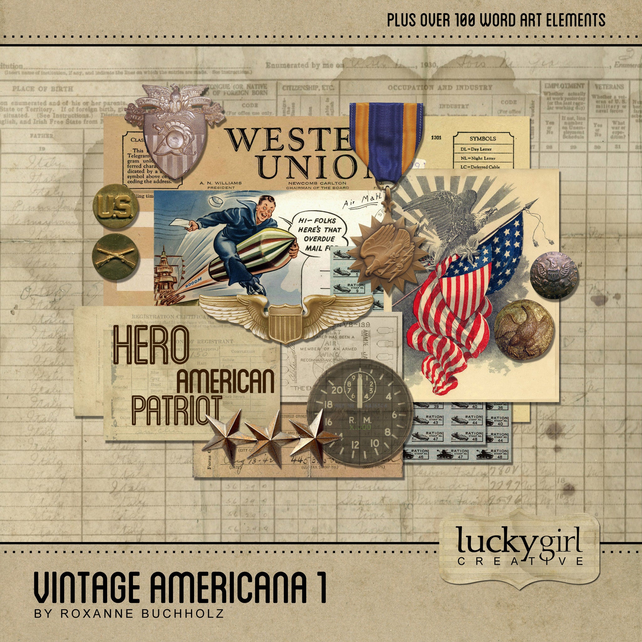 Vintage Americana 1 Digital Scrapbook Kit is the perfect digital art collection for patriotic holidays and life stories from the World War II era. Full of ration books, military medals, buttons and modern Americana word art. Take a peek and see what a rich contribution it could make to your own family’s story and genealogy research. 