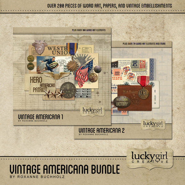 This two kit collection, Vintage Americana Digital Scrapbook Bundle, is the perfect digital art collection for patriotic American holidays and life stories from the World War II era. Full of ration books, military medals, buttons, and modern Americana word art. Take a peek and see what a rich contribution it could make to your own family story.