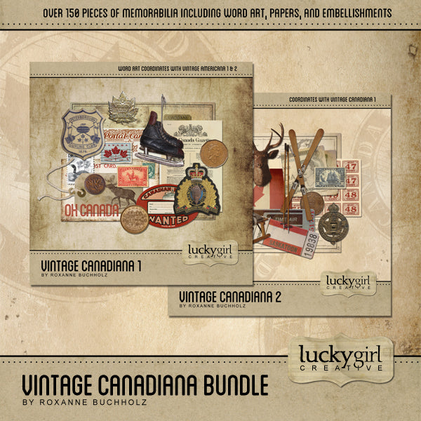 This wonderfully researched and executed two kit digital art bundle, Vintage Canadiana, is full of WWII-era memorabilia and other era-related images to help you illustrate your Canadian family history. This digital art collection is perfect for family keepsake albums, genealogy research, tributes to military veterans, and those that value Canada as it captures the sentiments of the time period. Vintage embellishments are mixed with modern word art.