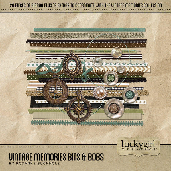 The Vintage Memories Bits and Bobs Digital Scrapbook Kit includes bits and bobs of vintage ribbon, stitches, antique charms, and buttons which are the perfect way to accent your vintage family history and genealogy projects. Great for everyday projects too. Look to the Vintage Memories digital art collection for all coordinating kits.