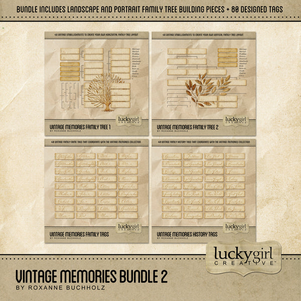 The Vintage Memories Digital Scrapbook Bundle 2 includes pre-designed digital art tags and customized family tree builder pieces which are the perfect way to accent your vintage family history and genealogy projects.