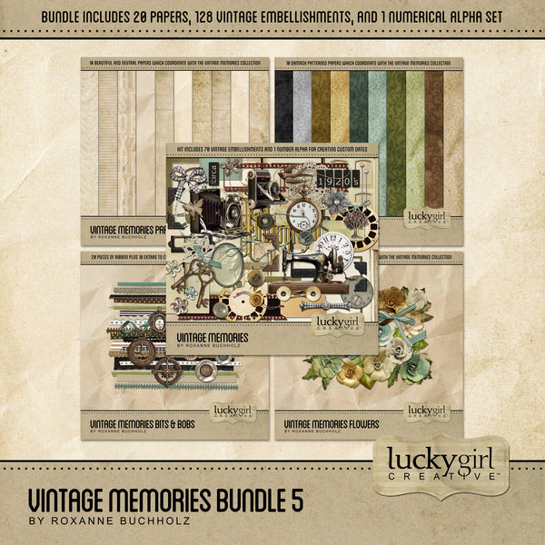 The Vintage Memories Digital Scrapbook Bundle 5 contains beautiful digital art papers, vintage frames, and antique embellishments which are the perfect way to accent your vintage family history or genealogy projects.