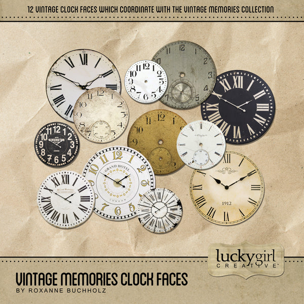 The Vintage Memories Clock Faces Digital Scrapbook Kit includes antique watch and clock faces which are the perfect way to accent your vintage family history and genealogy projects. Look to the Vintage Memories digital art collection for all coordinating kits.
