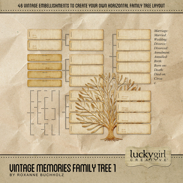 Build your own custom, HORIZONTAL family tree with all the bits and pieces you'll need to complete your genealogy with this Vintage Memories Family Tree 1 Digital Scrapbook Kit. Included in the digital art kit are plain labels, connector pieces, word art, and groupings of family tags (groups of 2, 3, 4, and 5) that have already been spaced evenly for you. With this kit you'll be able to add more branches and customize to fit your unique family structure.