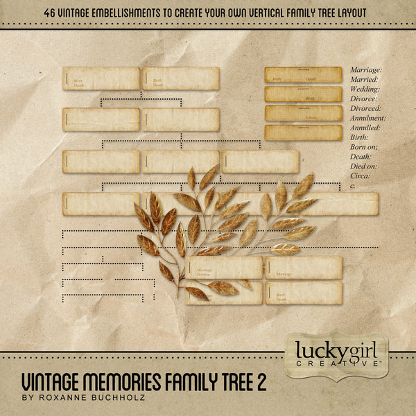 Build your own custom, VERTICAL family tree with all the bits and pieces you'll need to complete your family history or genealogy with this Vintage Memories Family Tree 2 Digital Scrapbook Kit. Included in the digital art kit are plain labels, connector pieces, word art, and groupings of family tags (groups of 2, 3, and 4) that have already been spaced evenly for you.
