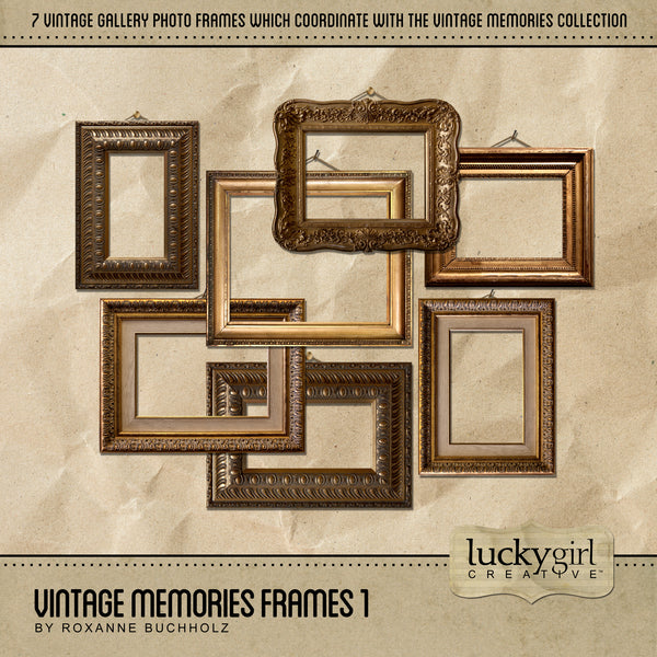 The Vintage Memories Frames 1 Digital Scrapbook Kit includes hanging digital art frames are the perfect way to accent your vintage family history and genealogy projects. Wouldn't these frames look great as a family photo gallery page?! For additional embellishments, frames, and papers, look to the Vintage Memories collection for all coordinating kits.