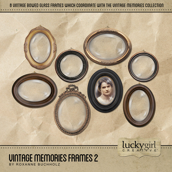 The Vintage Memories Frames 2 Digital Scrapbook Kit includes hanging, bowed glass digital art frames which are the perfect way to accent your vintage family history and genealogy projects. Wouldn't these frames look great as a family photo gallery page?! For additional embellishments, frames, and papers, look to the Vintage Memories collection for all coordinating kits.