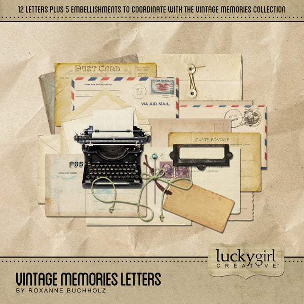 The Vintage Memories Letters Digital Scrapbook Kit includes vintage envelopes, papers, and antique postcards are the perfect way to accent your vintage family history and genealogy projects. Neutral in its color palette, these digital art pieces including an antique typewriter, will add depth and warmth to your project. Look to the Vintage Memories collection for all coordinating kits.