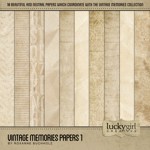 The Vintage Memories Papers 1 Digital Scrapbook Kit includes antique-inspired digital art papers are the perfect way to accent your vintage family history and genealogy projects. Very neutral in their color palette but rich in texture and pattern, these digital papers would look great on everyday projects too. Look to the Vintage Memories collection for all coordinating kits.