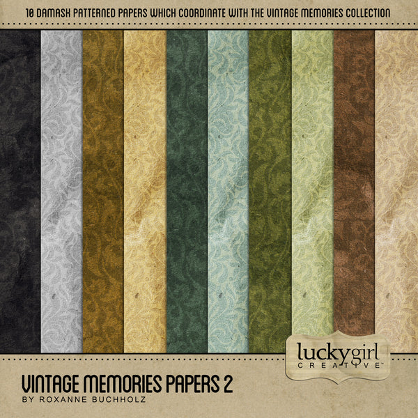 The Vintage Memories Papers 2 Digital Scrapbook Kit includes antique-inspired digital art papers which are the perfect way to accent your vintage family history and genealogy projects. Rich in their color palette and subtle in their damask pattern, these papers would look great on everyday projects too. Look to the Vintage Memories digital art collection for all coordinating kits.