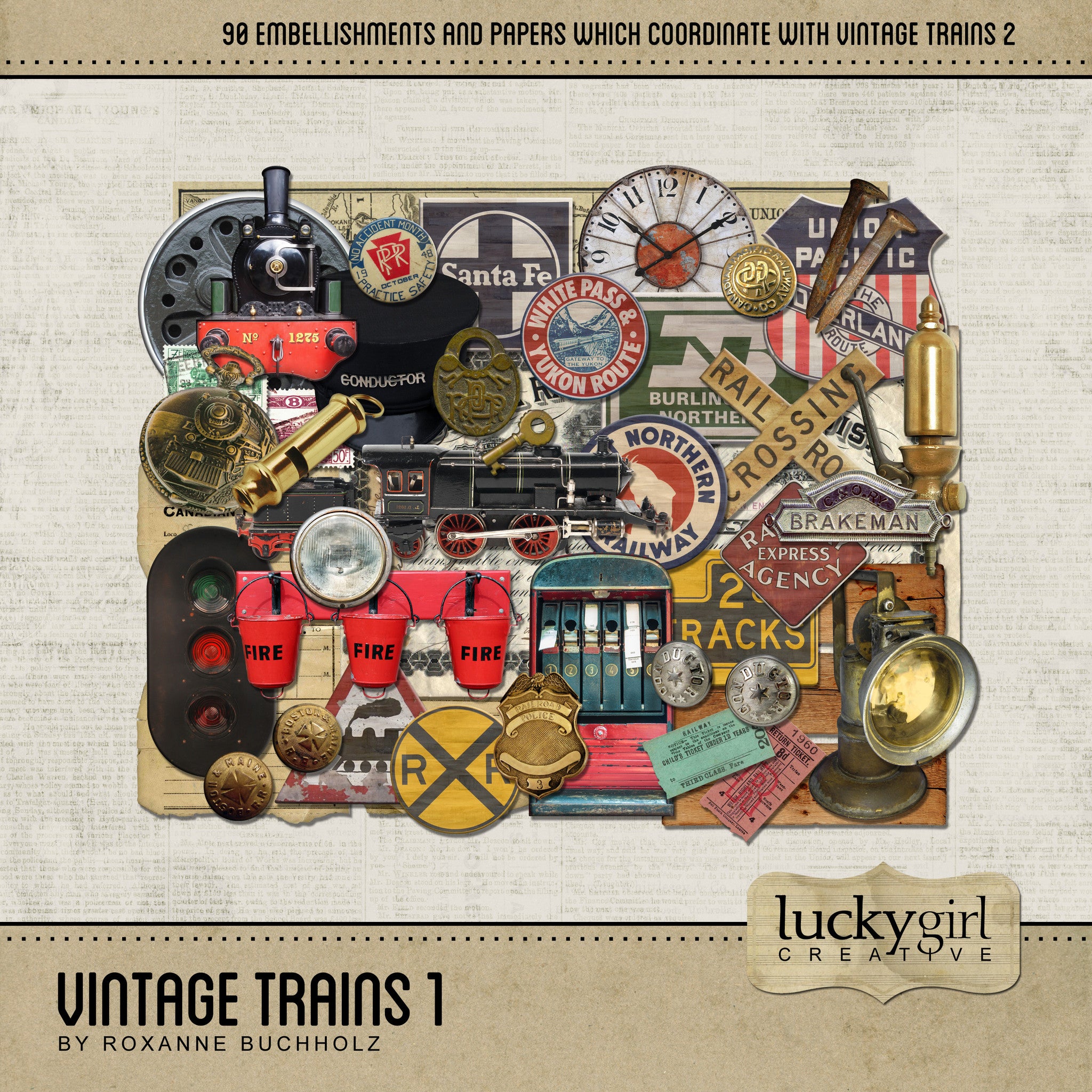 All Aboard! Vintage Trains 1 Digital Scrapbook Kit was designed to offer you an extensive railroad themed digital art collection for all the avid train enthusiasts out there. This kit is filled with antique railroad signs, buttons, tickets, spikes, vintage railroad maps, whistles, lights, model trains, conductor hat, lock and key, steam engine parts, and so much more!