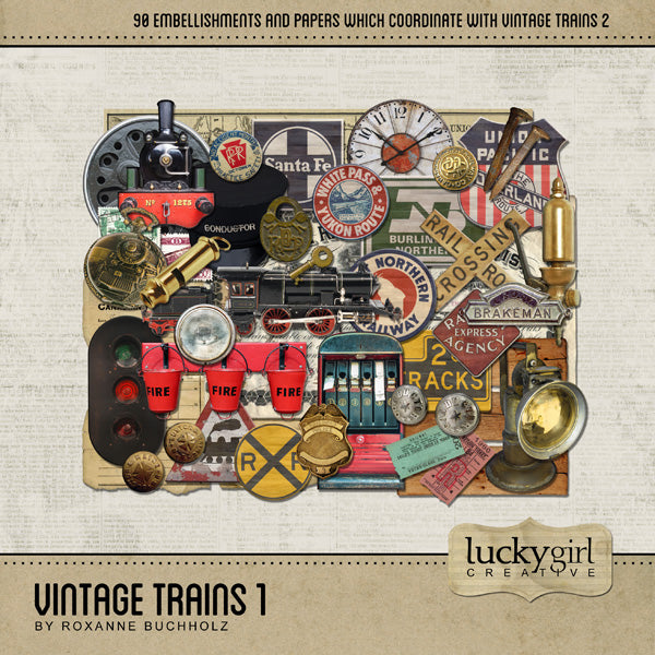 All Aboard! Vintage Trains 1 Digital Scrapbook Kit was designed to offer you an extensive railroad themed digital art collection for all the avid train enthusiasts out there. This kit is filled with antique railroad signs, buttons, tickets, spikes, vintage railroad maps, whistles, lights, model trains, conductor hat, lock and key, steam engine parts, and so much more!