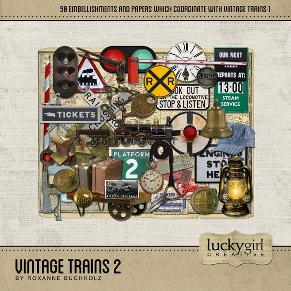 All Aboard! Vintage Trains 2 Digital Scrapbook Kit was designed to offer you an extensive railroad themed digital art collection for all the avid train enthusiasts out there. This kit is filled with antique railroad signs, buttons, tickets, ticket punch, vintage railroad maps, luggage, luggage cart, lights, model trains, platform signs, railroad tracks, postage stamps, steam engine parts, bell, gauge, and so much more!