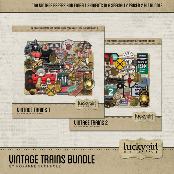 This two kit bundle, including both Vintage Trains 1 and 2 Digital Scrapbook Kits, was designed to offer you an extensive railroad themed digital art collection for all avid train enthusiasts. Included in the collection are: buttons, hats, clocks, railroad signs, railway company logo signs, engine parts, lanterns, lights, vintage drawings, maps, and brochures, lock and key, frames, tickets, ticket machine, railroad spikes, and more.