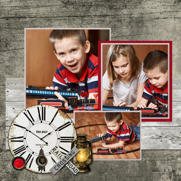 All Aboard! Vintage Trains 2 Digital Scrapbook Kit was designed to offer you an extensive railroad themed digital art collection for all the avid train enthusiasts out there. This kit is filled with antique railroad signs, buttons, tickets, ticket punch, vintage railroad maps, luggage, luggage cart, lights, model trains, platform signs, railroad tracks, postage stamps, steam engine parts, bell, gauge, and so much more!